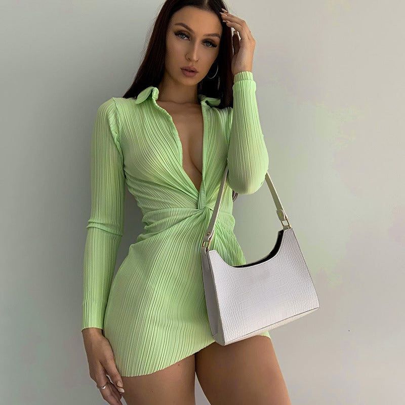 Paradise Palm Ribbed Deep V Twist Long Sleeves Mini Dress