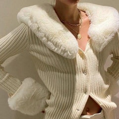 Try Your Luck Feather Collar Ribbed Cardigan