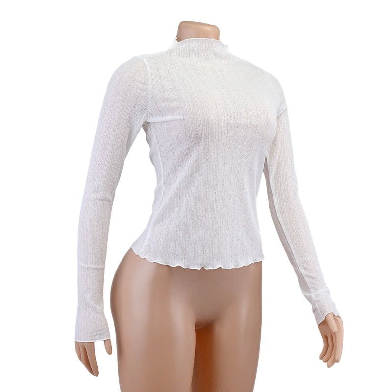 Pretty Snowflake Sheer Mesh Mock Neck Frill Hem Top