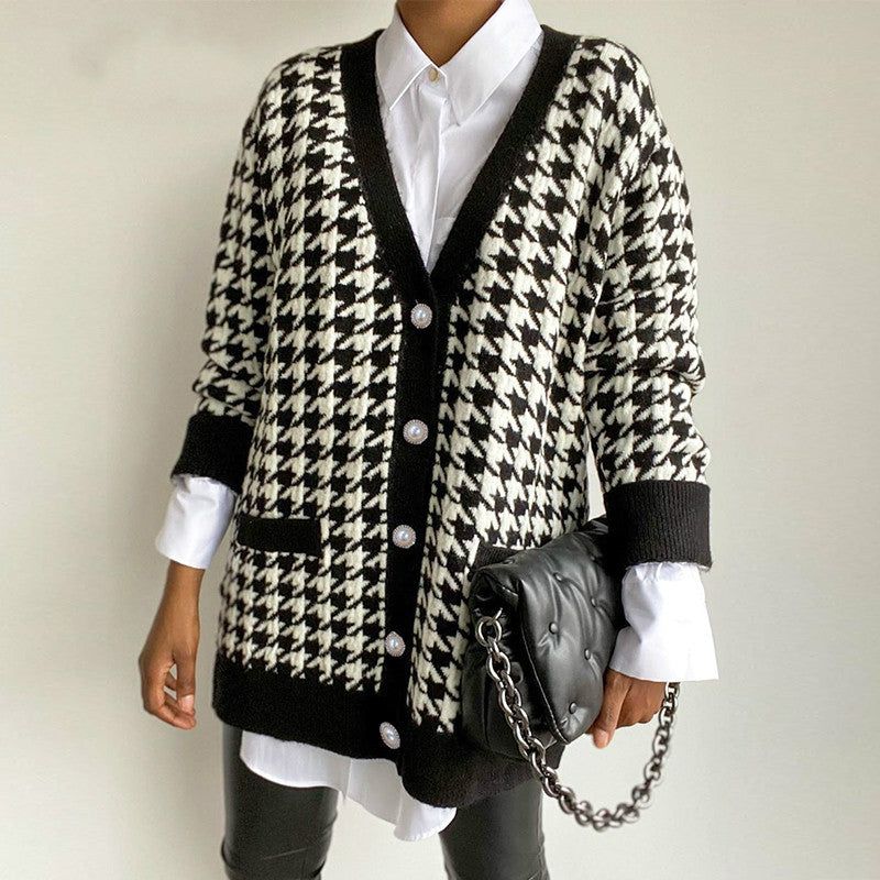 Voice My Style Houndstooth Pattern Button Cardigan