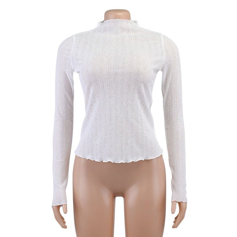 Pretty Snowflake Sheer Mesh Mock Neck Frill Hem Top