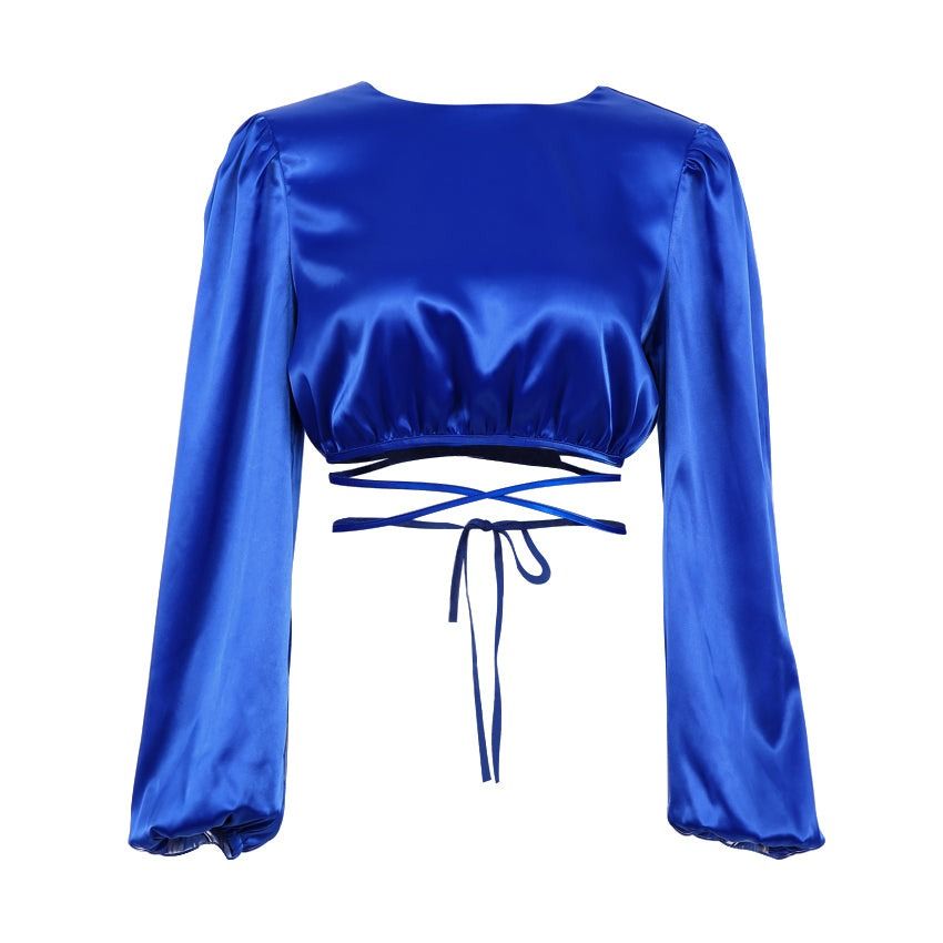 Late Hour Dreams Lace Up Cross Strap Satin Blouse