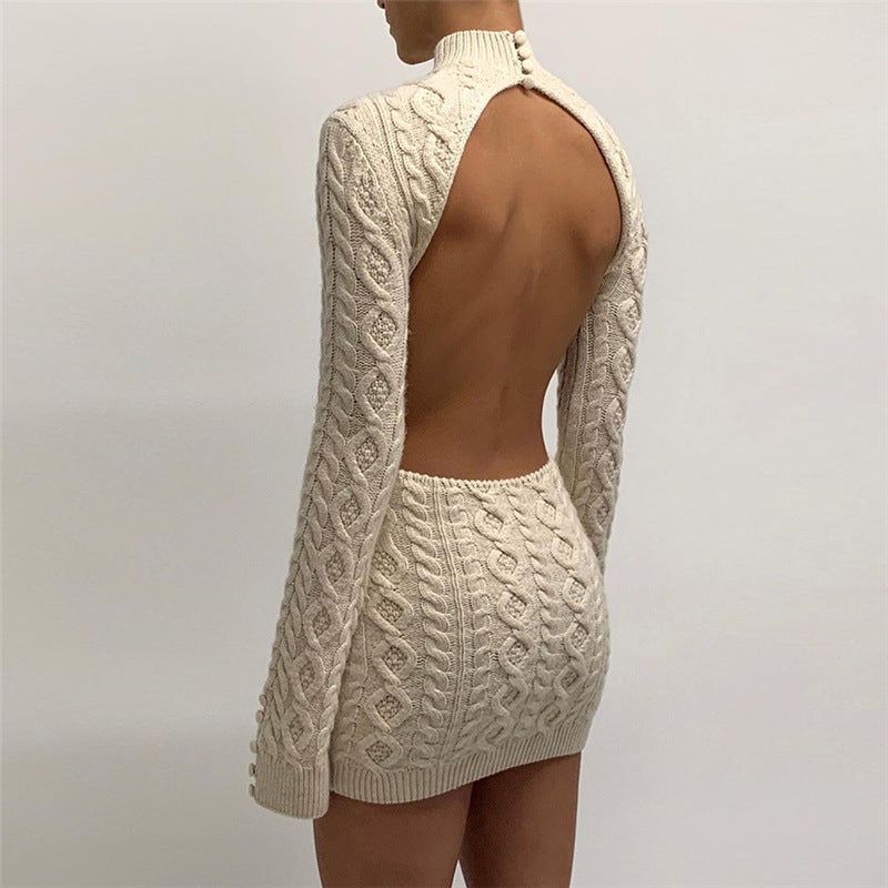 One Step Knitted Long Sleeve Backless Mini Dress