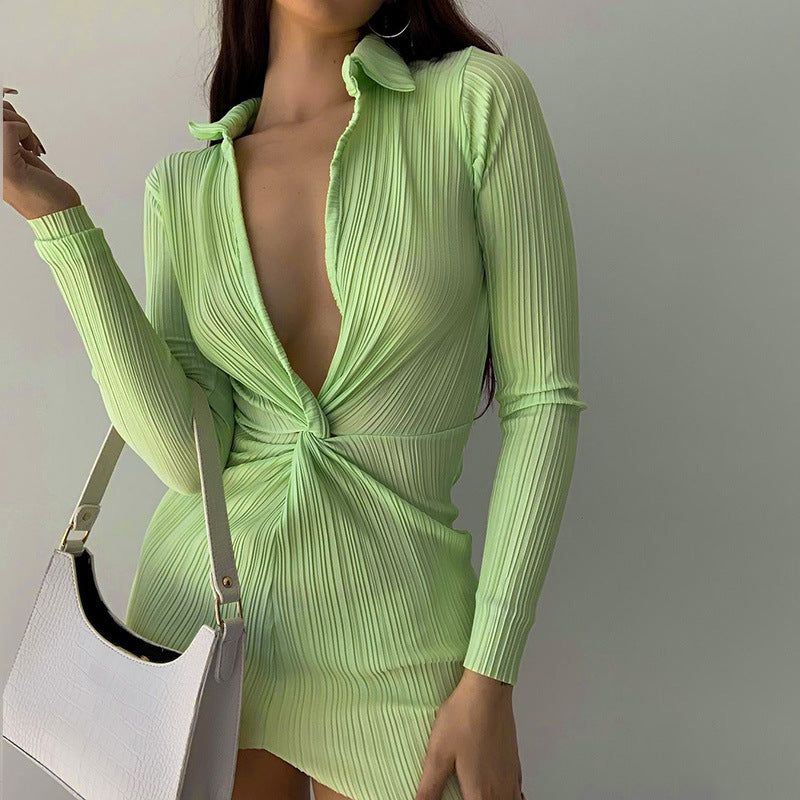 Paradise Palm Ribbed Deep V Twist Long Sleeves Mini Dress