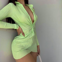 Paradise Palm Ribbed Deep V Twist Long Sleeves Mini Dress