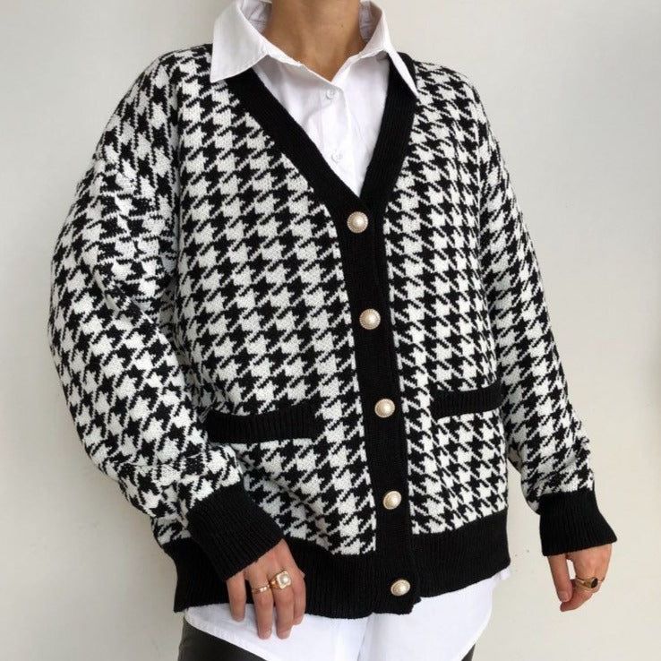 Voice My Style Houndstooth Pattern Button Cardigan