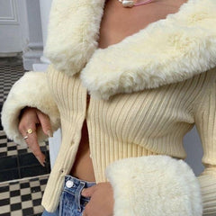 Try Your Luck Feather Collar Ribbed Cardigan