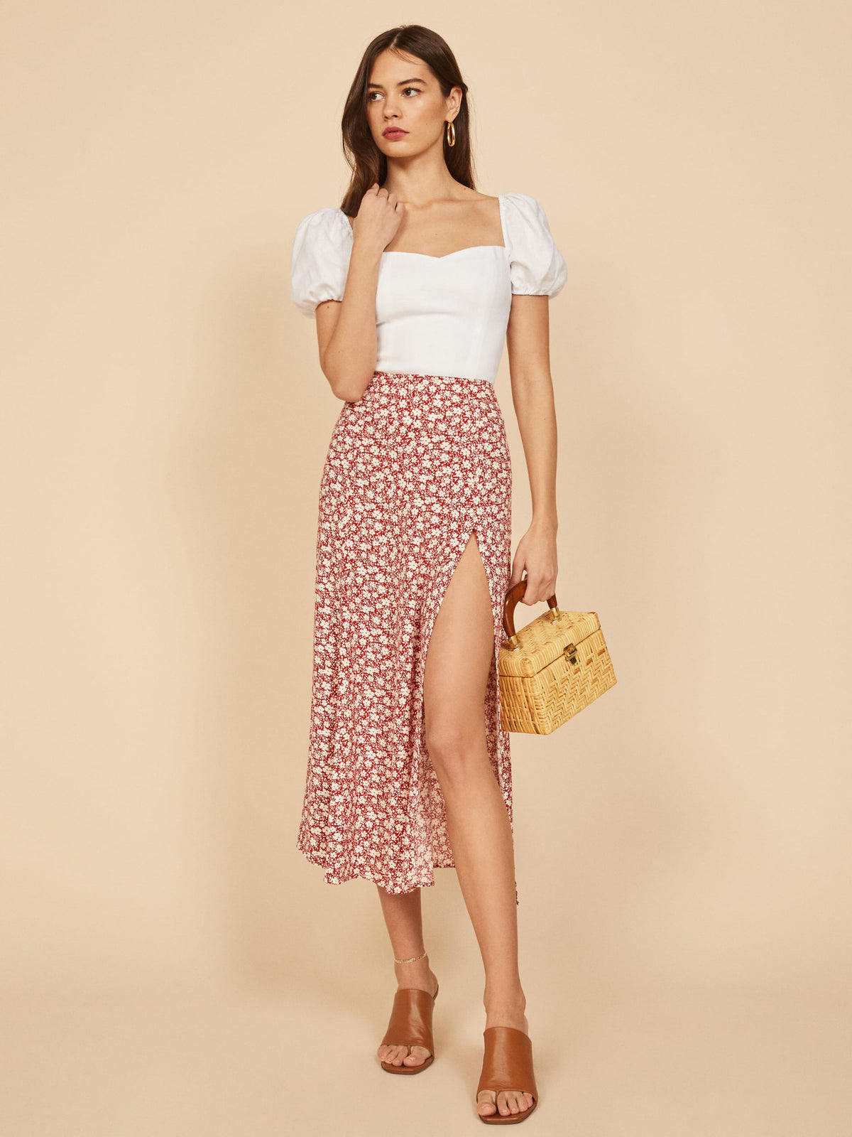 High Waisted Floral Slit Midi Skirt