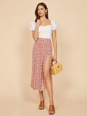 High Waisted Floral Slit Midi Skirt