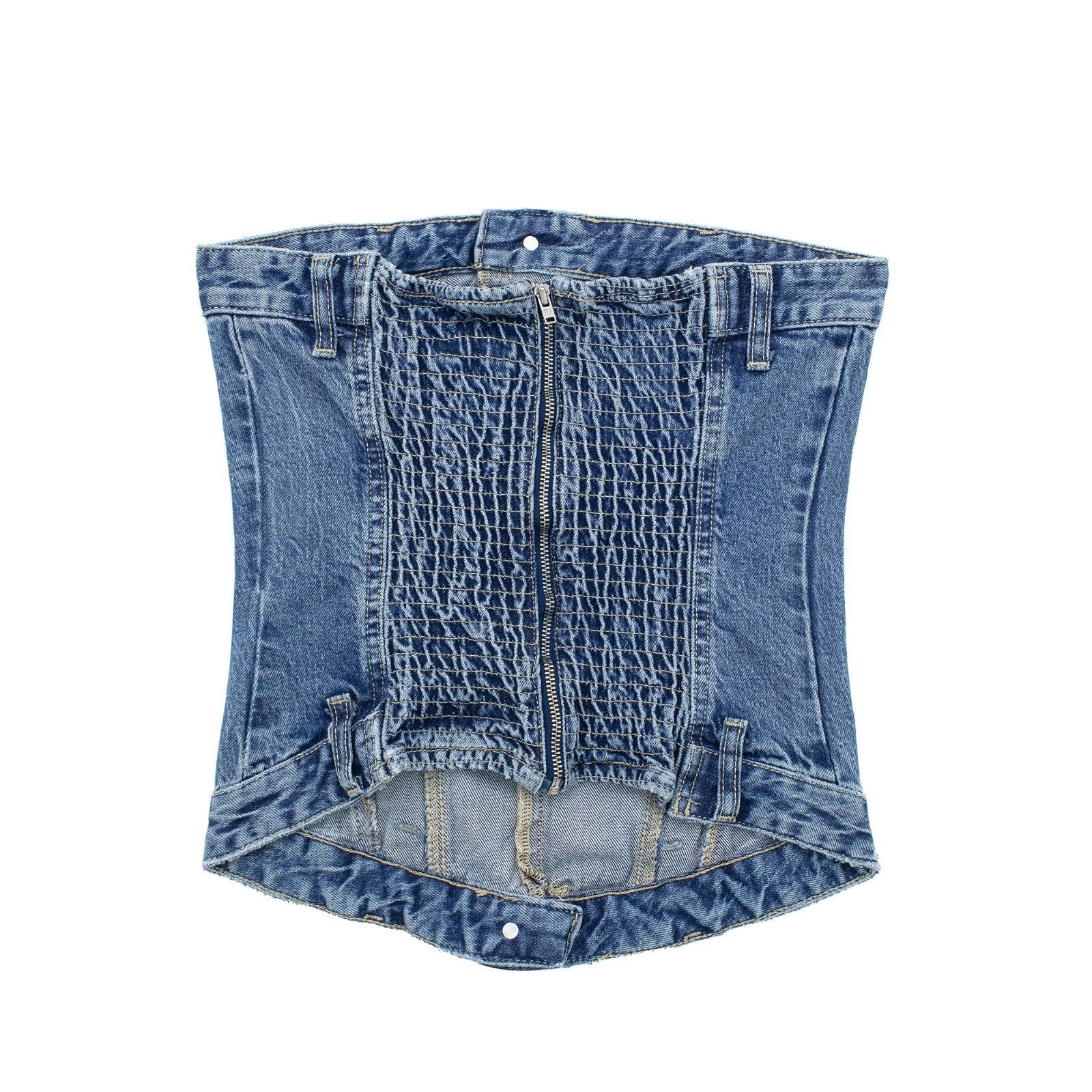 Zippered Smocked Denim Tube Crop Top