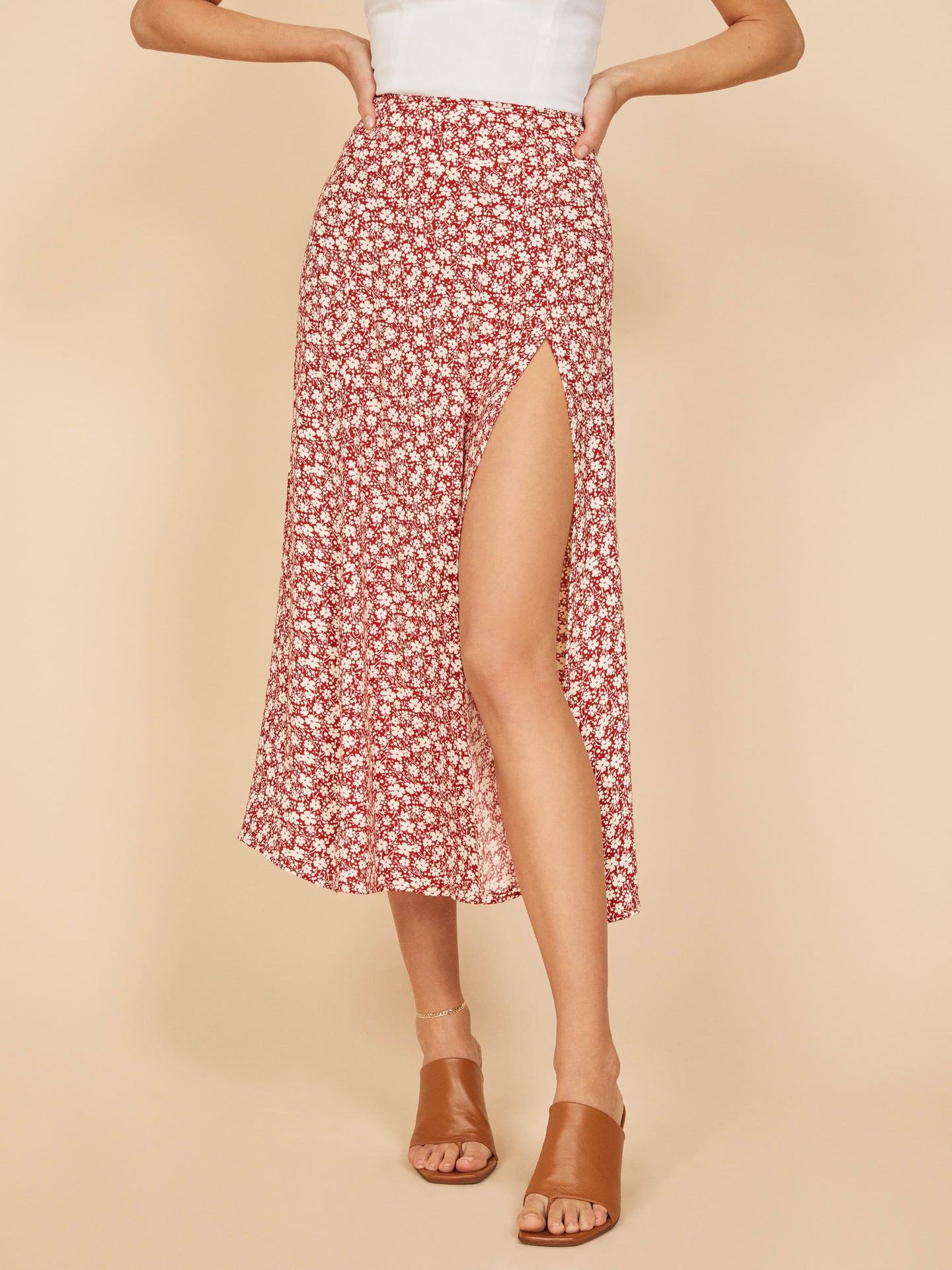 High Waisted Floral Slit Midi Skirt