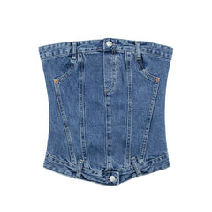 Zippered Smocked Denim Tube Crop Top