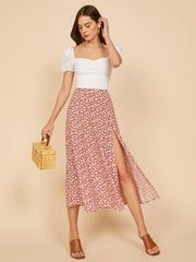 High Waisted Floral Slit Midi Skirt