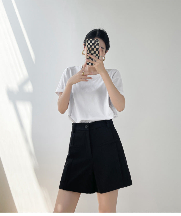 High Waisted Coin Pocket Mid Thigh Trouser Shorts