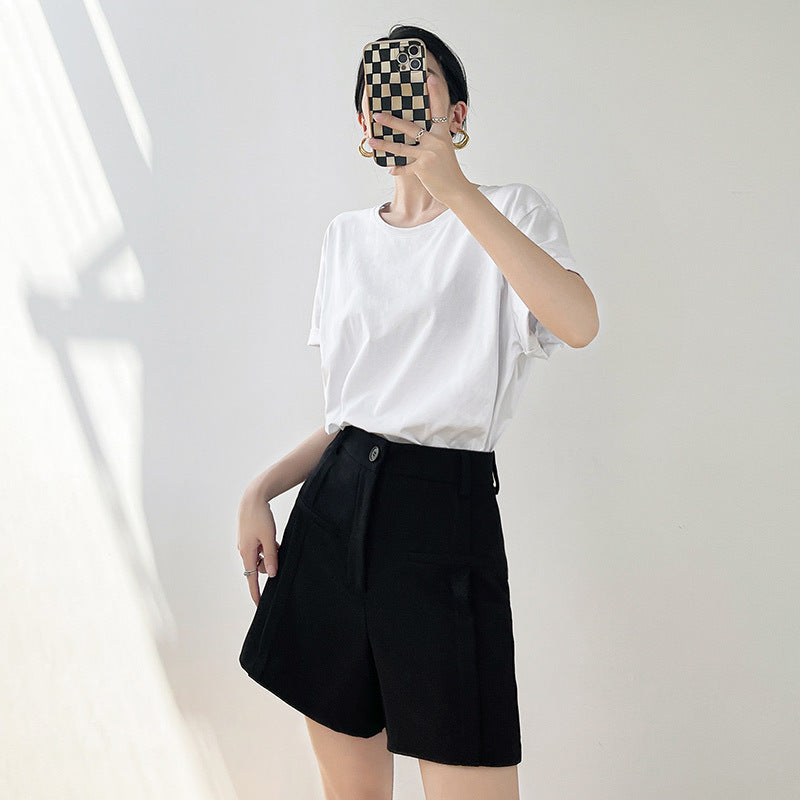 High Waisted Coin Pocket Mid Thigh Trouser Shorts