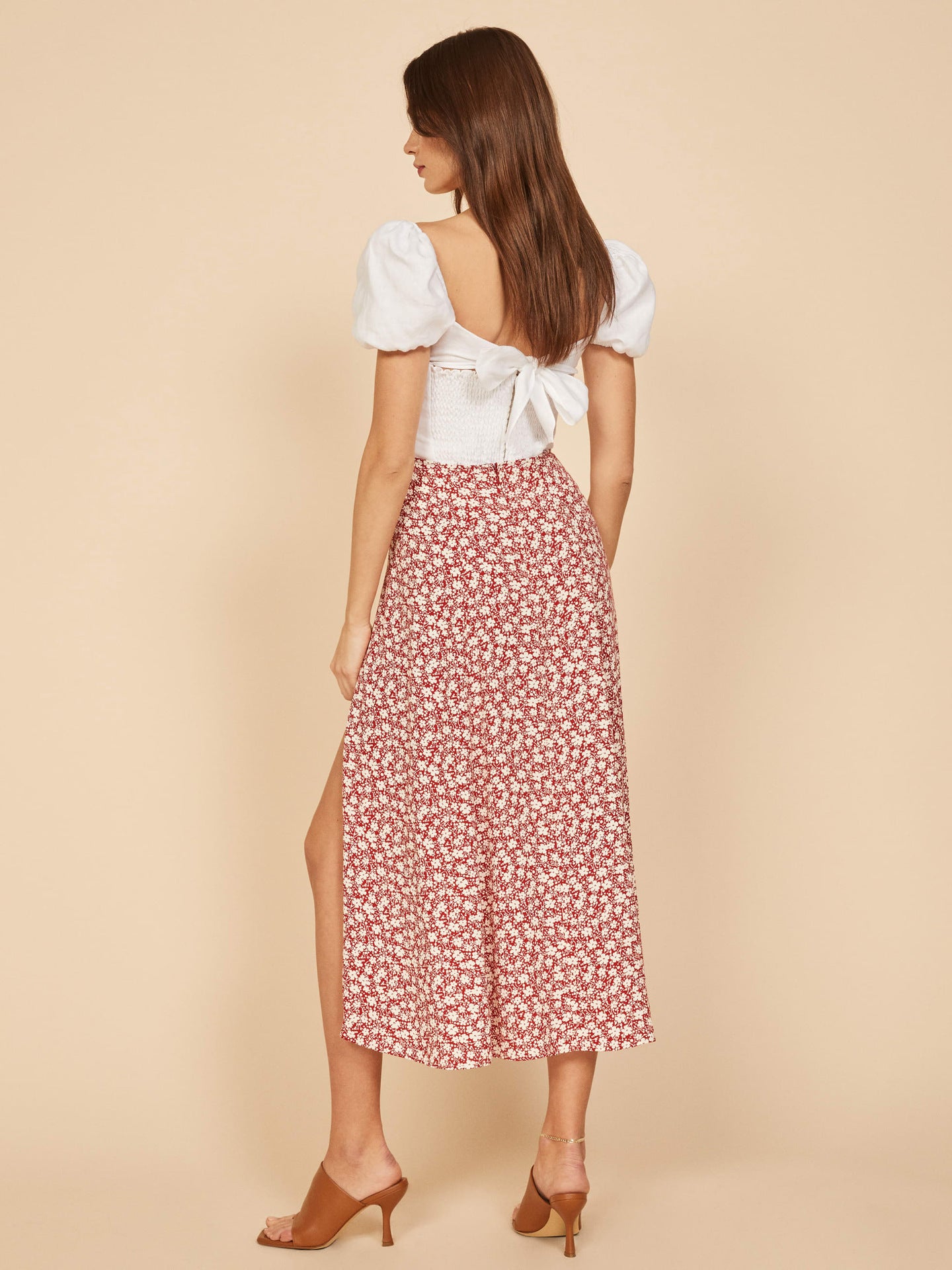 High Waisted Floral Slit Midi Skirt