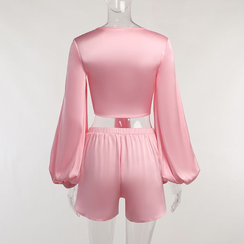 My Escape Satin Tie Up Crop Top & Shorts Set