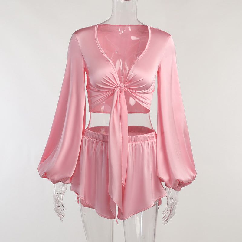 My Escape Satin Tie Up Crop Top & Shorts Set