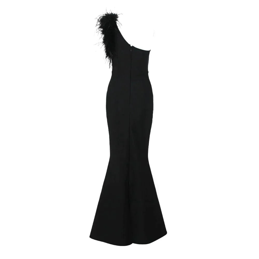 Dainty In The Dark Elegant One Shoulder Feather Maxi Dress