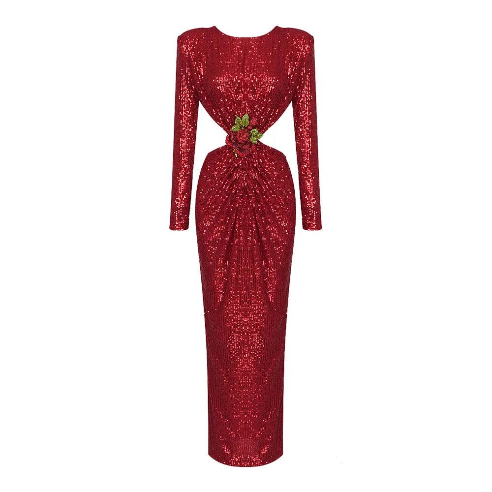 Climb To New Heights Long Sleeve Cutout Sequin Maxi Dress