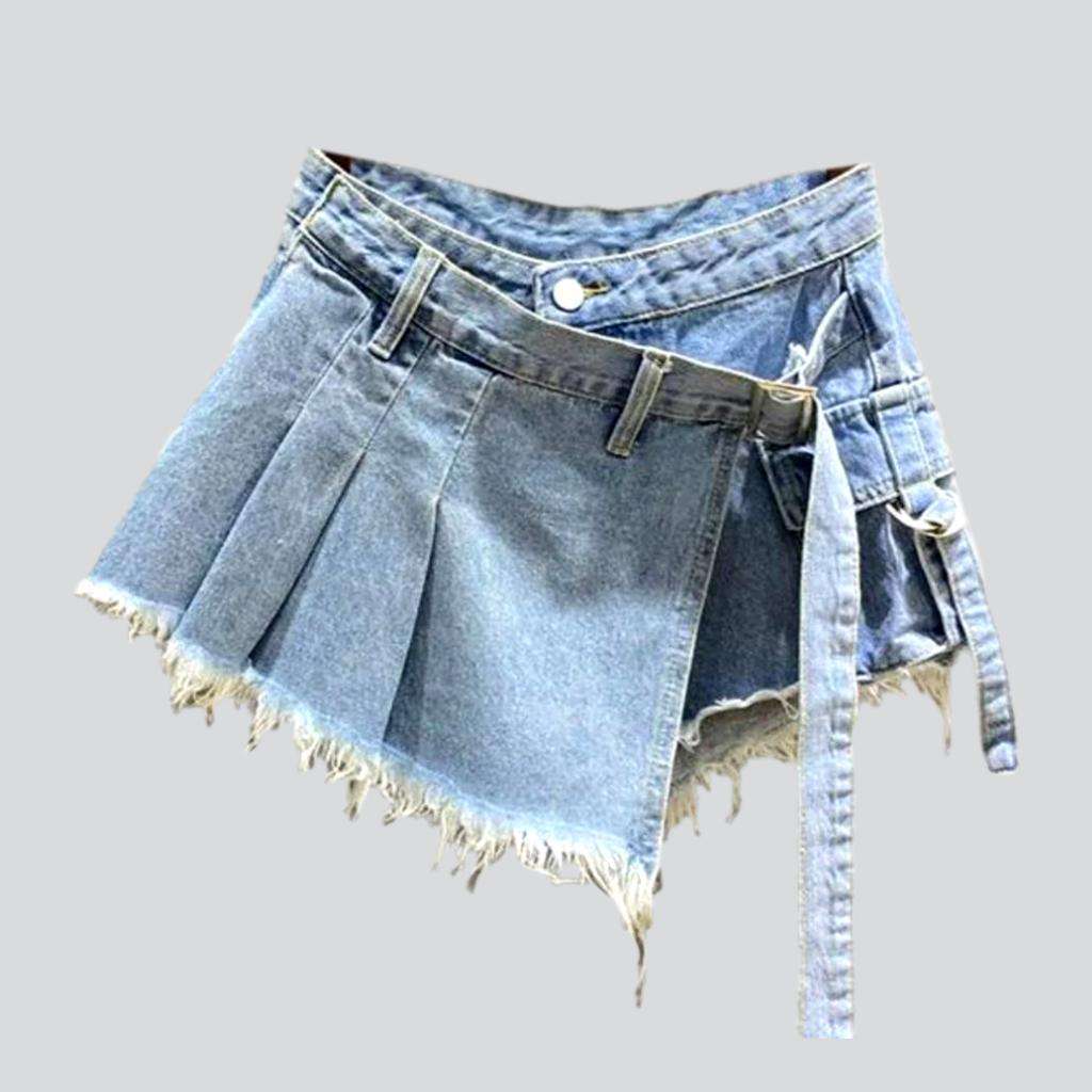 Asymmetric pleated mini denim skort