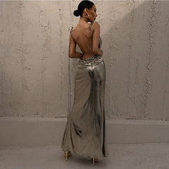 Charming Like Her Metallic Backless Maxi Dress