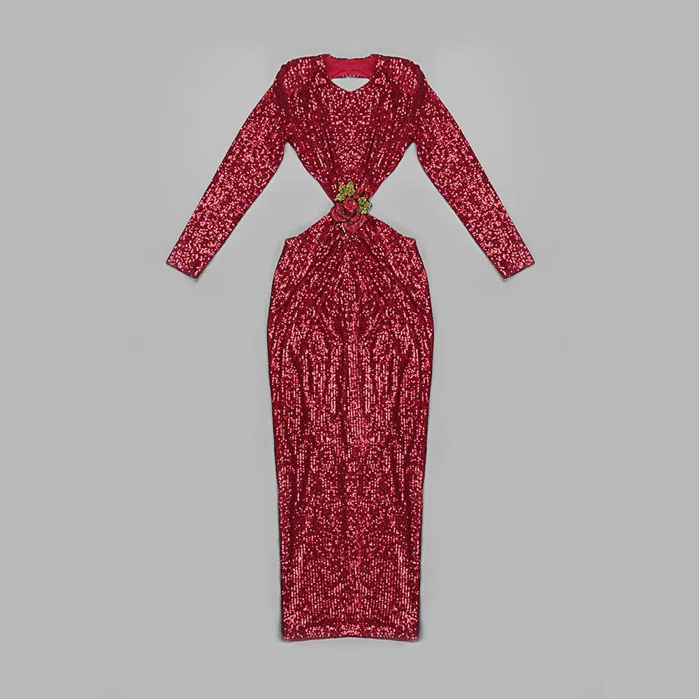 Climb To New Heights Long Sleeve Cutout Sequin Maxi Dress