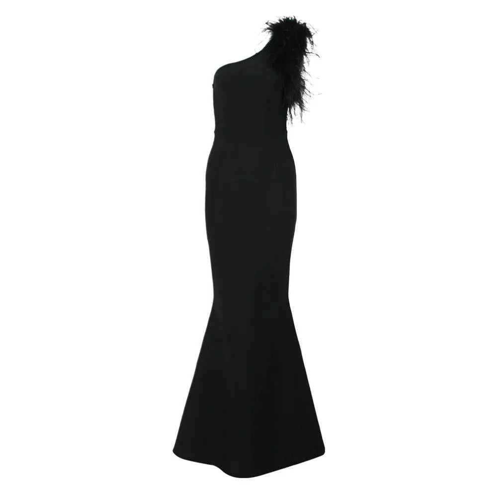 Dainty In The Dark Elegant One Shoulder Feather Maxi Dress