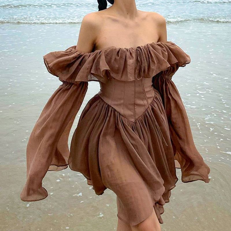 In Secret Vintage Ruffled Off Shoulder Midi Dress