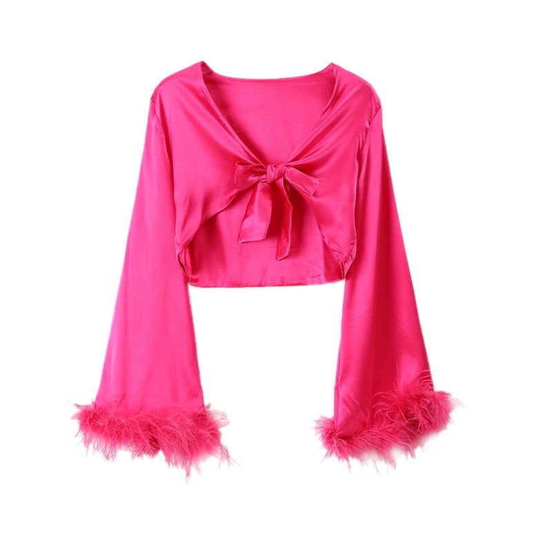 One Thing I Love Feather Sleeve Satin Two-Piece Set