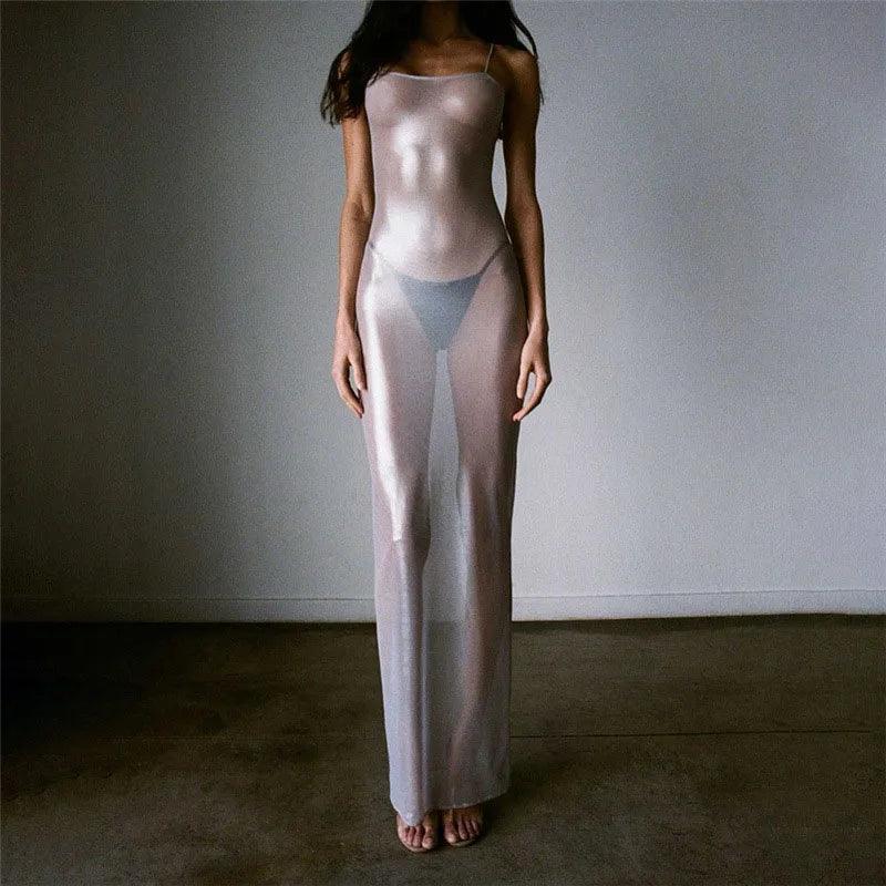 Centered Attention Sheer Metallic Maxi Dress