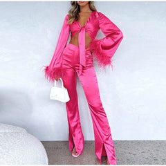 One Thing I Love Feather Sleeve Satin Two-Piece Set