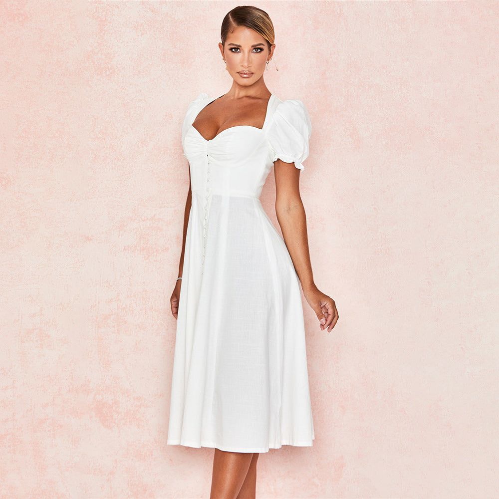 Pretty First Impression Puff Sleeve Pleated Buttons Midi Dress