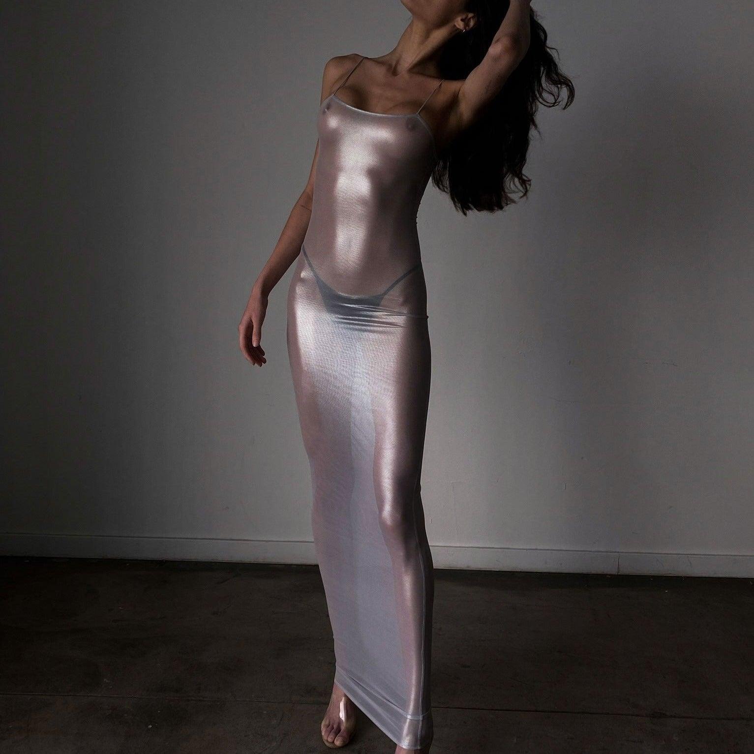 Centered Attention Sheer Metallic Maxi Dress