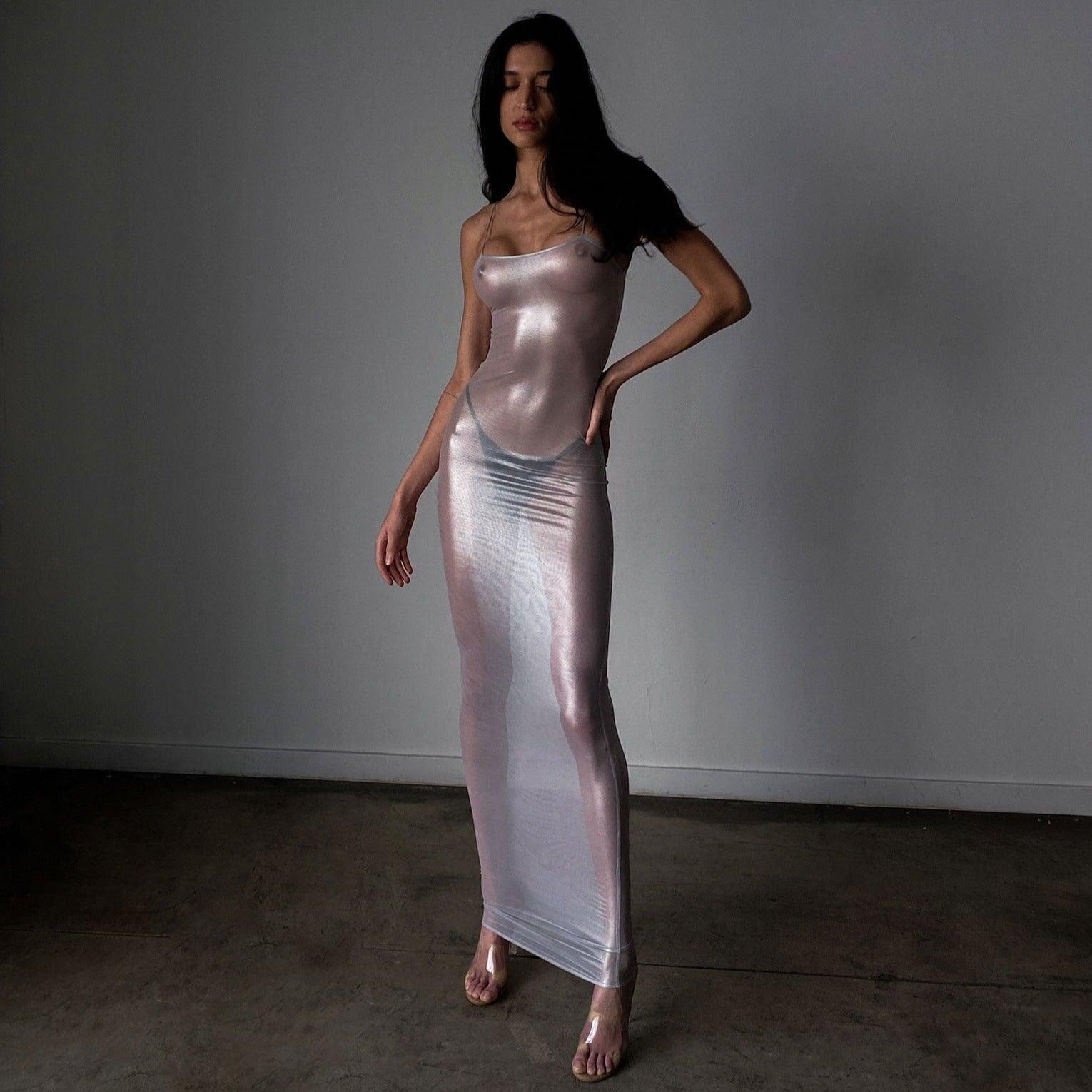 Centered Attention Sheer Metallic Maxi Dress