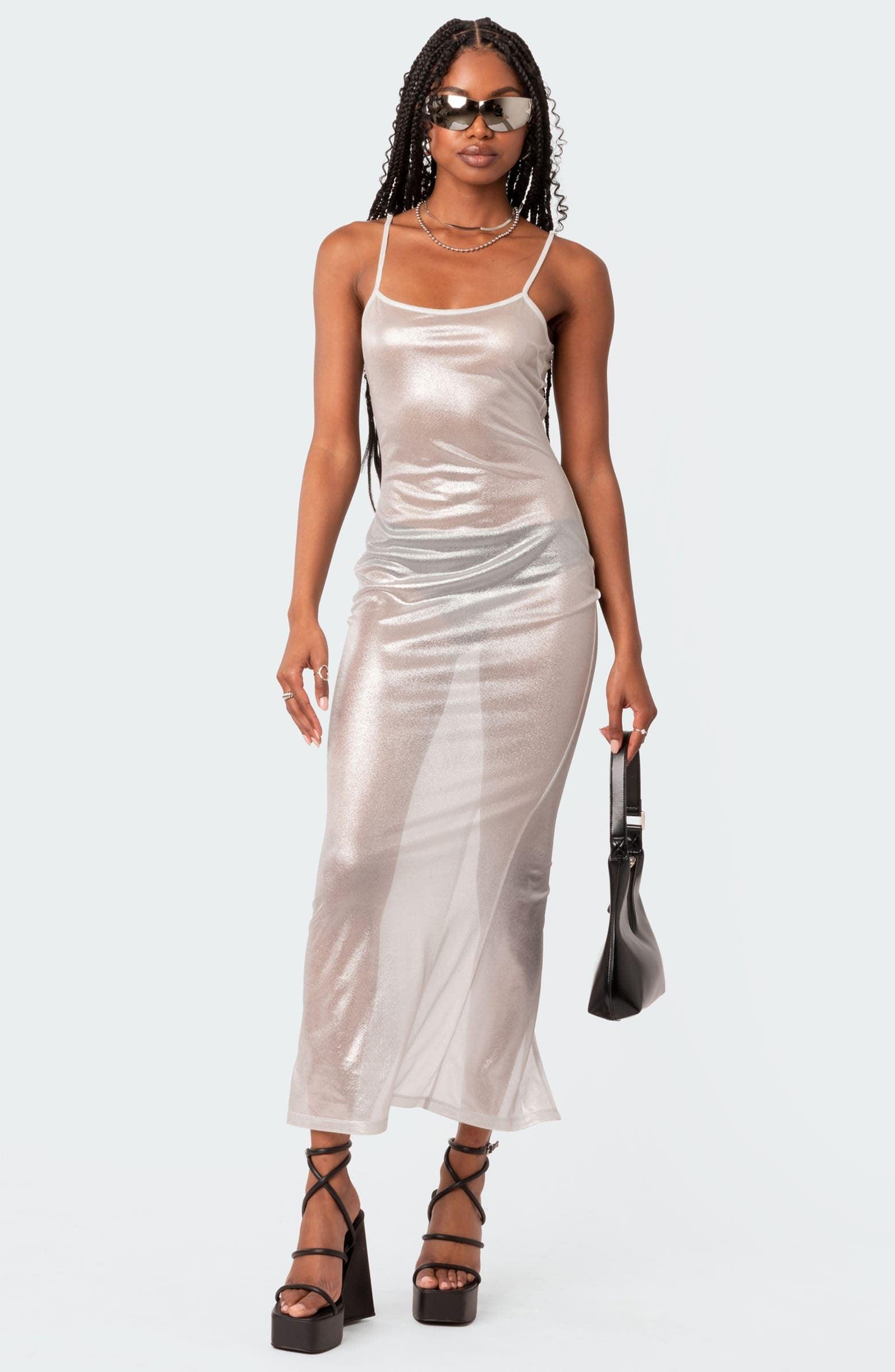 Centered Attention Sheer Metallic Maxi Dress