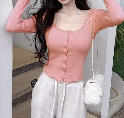 Square Neck Button Front Long Sleeve Top