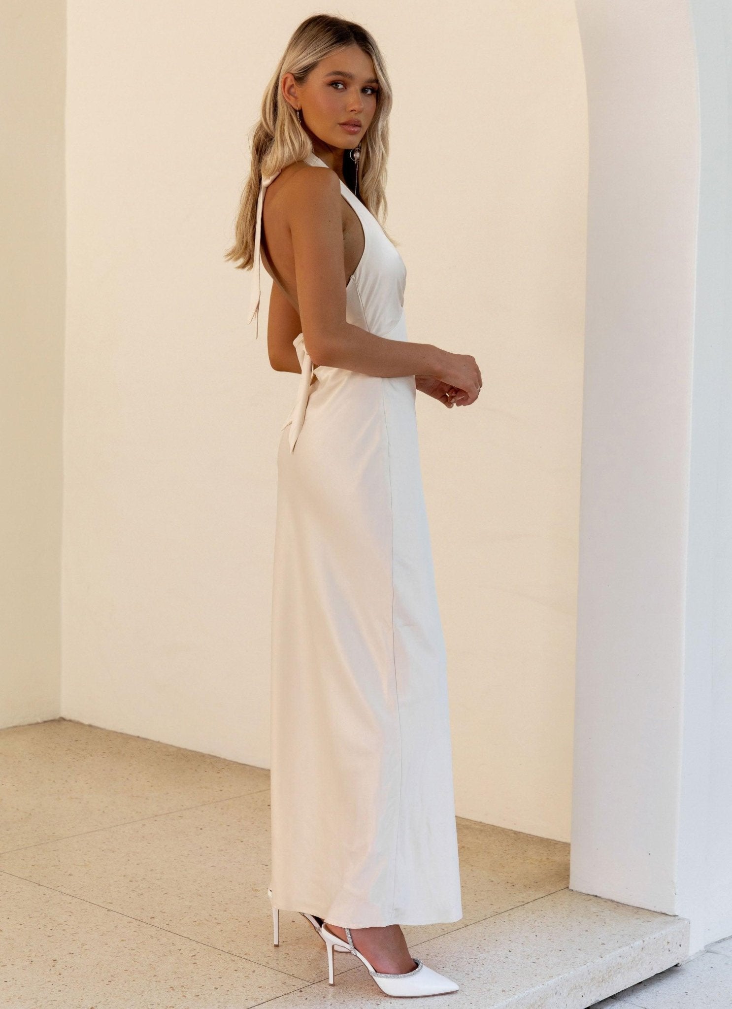 Heavy Hearted Satin Maxi Dress - Pearl