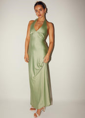 Heavy Hearted Satin Maxi Dress - Sage