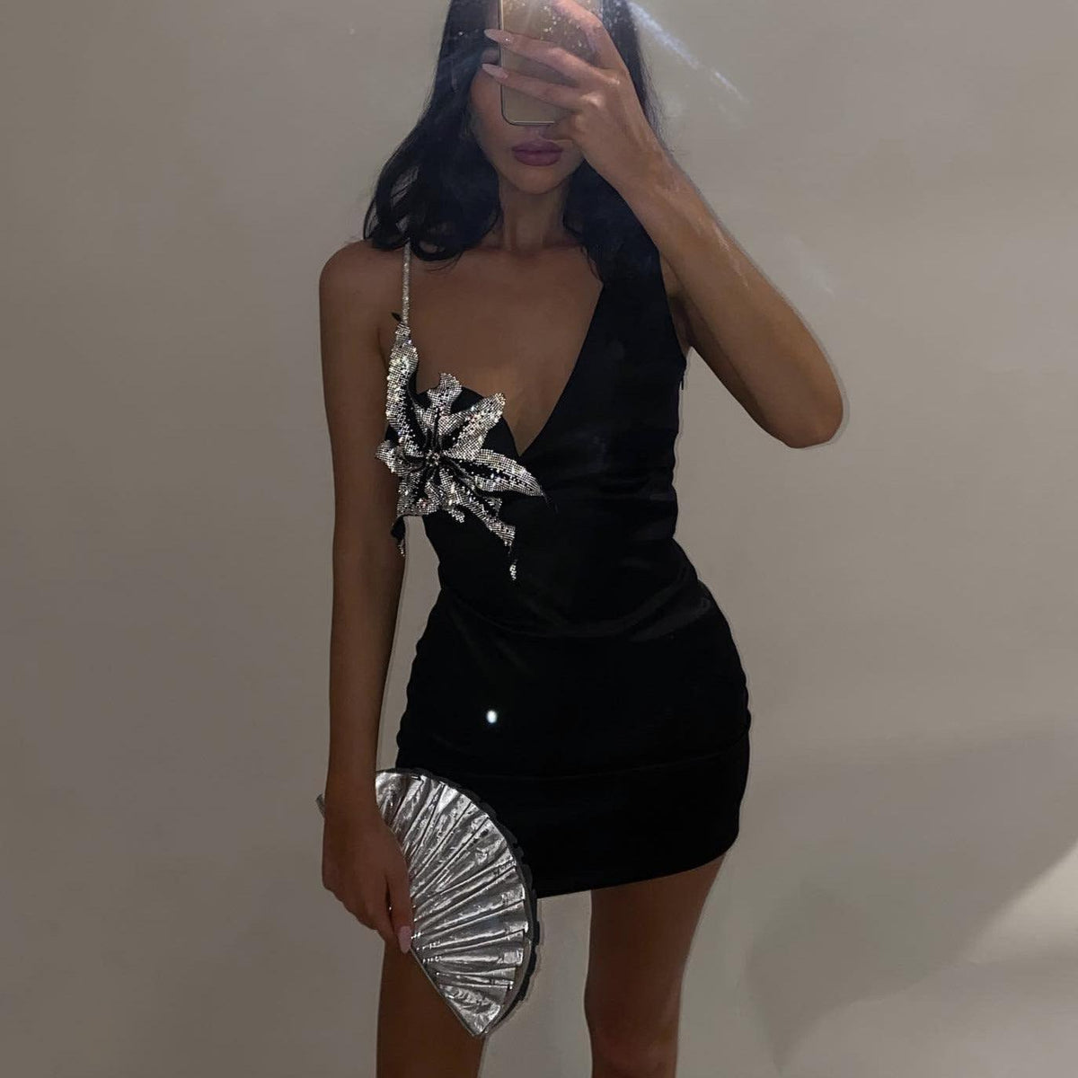 Debra Loves One-Shoulder Crystal Mini Dress