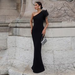 Dainty In The Dark Elegant One Shoulder Feather Maxi Dress