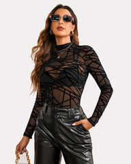 Leopard Sheer Long Sleeve Mock Neck Mesh Crop Top