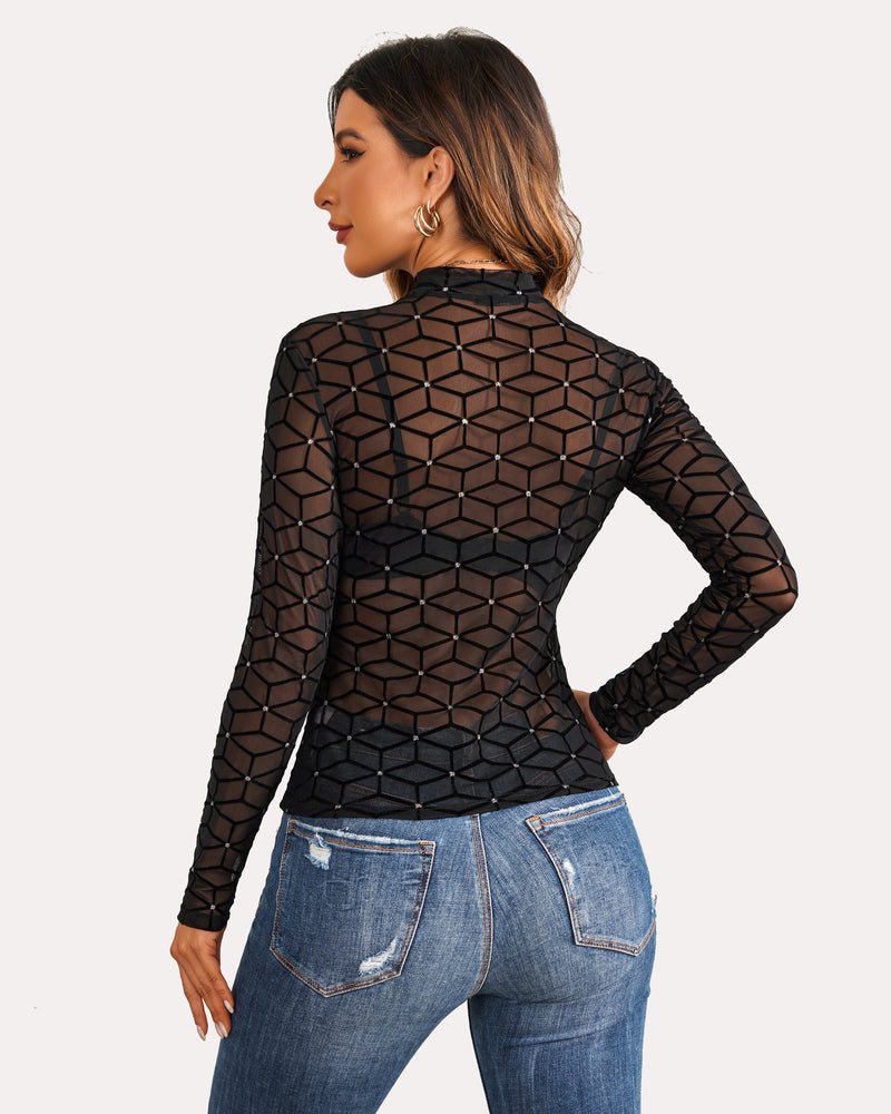 Leopard Sheer Long Sleeve Mock Neck Mesh Crop Top