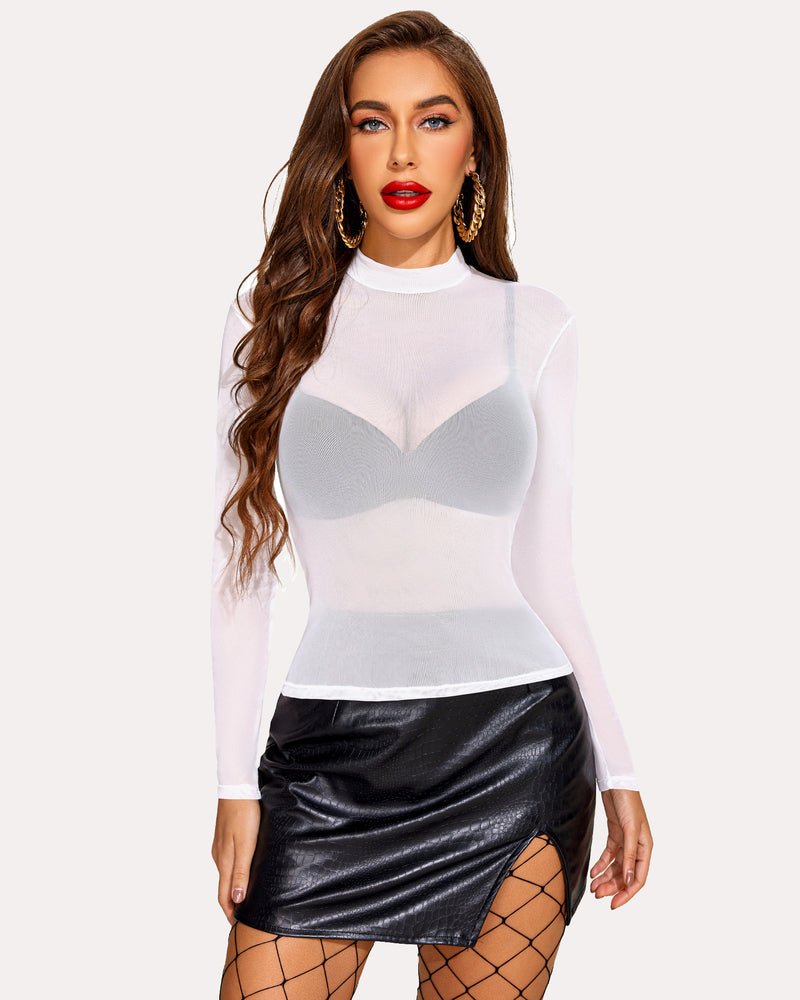 Leopard Sheer Long Sleeve Mock Neck Mesh Crop Top