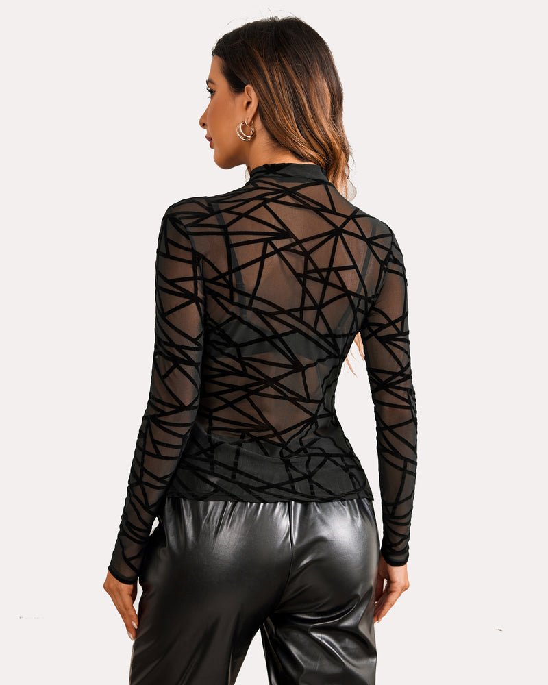 Leopard Sheer Long Sleeve Mock Neck Mesh Crop Top