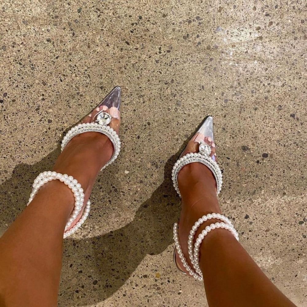 Agyness Pearl Strap Crystal Heels