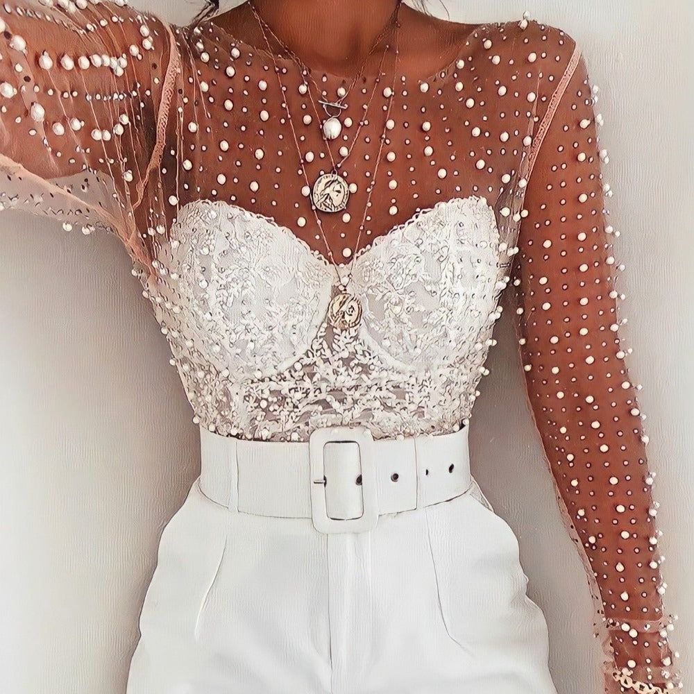 Song Of Pearl Long Sleeve Mesh Crop Top