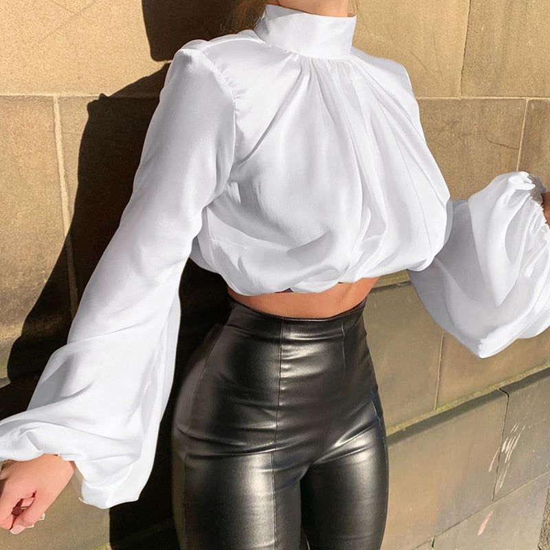 Sundown Hour Turtleneck Puff Sleeve Satin Blouse