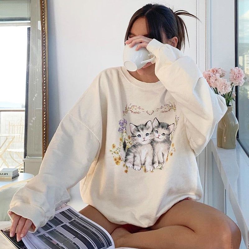 Thriving Now Kitty Flower Print Vintage Sweatshirt