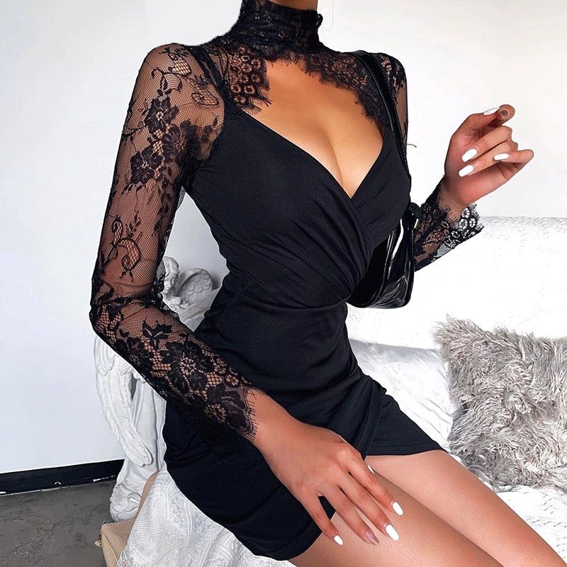 Shine Tonight Lace Long Sleeve Ruched Mini Dress